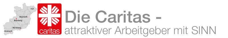 Schriftzug im Kopf, auf dem das Caritas Logo zu sehen ist