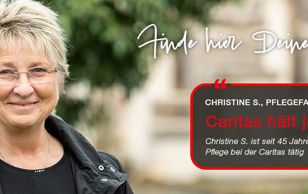 Ein Pflegefachkraft mit der Aussage 'Caritas hält jung'