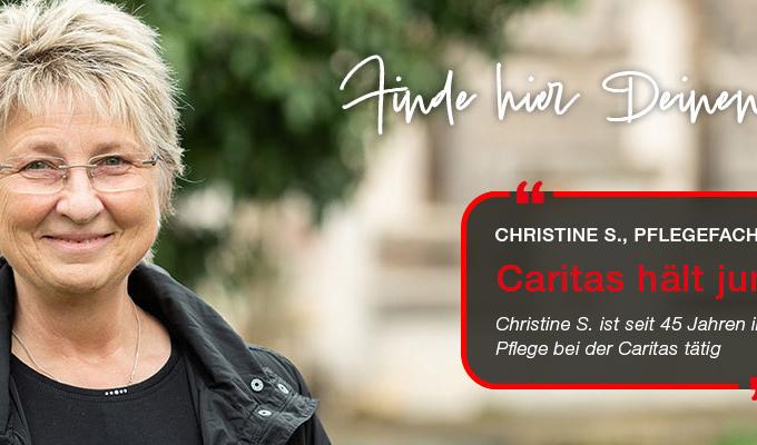 Ein Pflegefachkraft mit der Aussage 'Caritas hält jung'