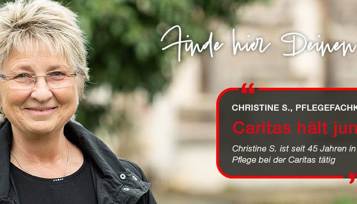 Ein Pflegefachkraft mit der Aussage 'Caritas hält jung'